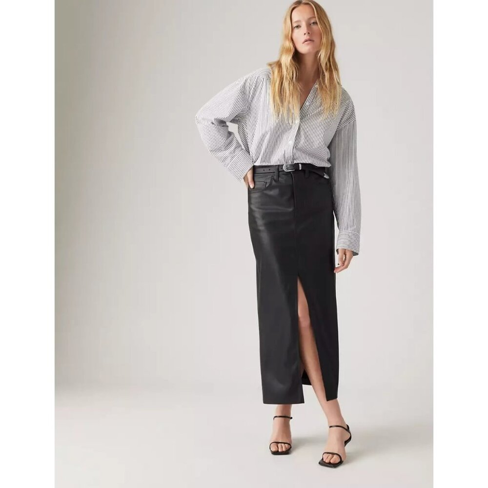 New Levi's Premium Ankle Column Skirt Faux Leather Night - Black Size 26